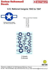 1:48 Techmod kalkomanie 48106 US National Insignia od 1943 do 1947