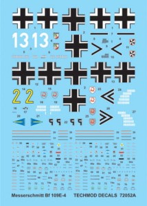 1:72 Kalkomanie Messerschmitt BF-109 E-4 + maski - Techmod 72052